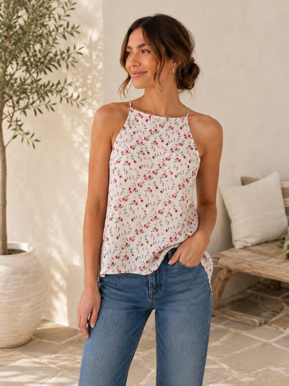 Gilli Dainty Floral Tank Top Womens Size S Ivory Pink Flowy Summer Blouse